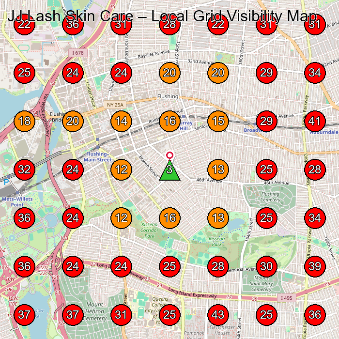 JJ Lash Skin Care GeoGrid visibility map for Eyelash Salon in Queens